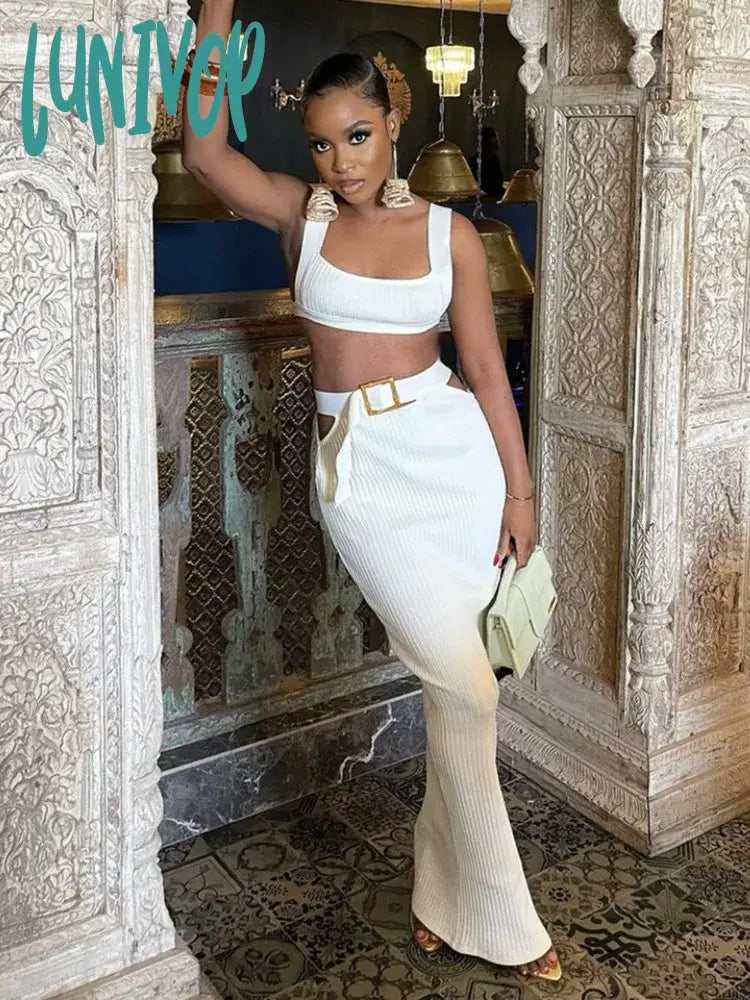 Lunivop Hot Women Summer Sexy Tank Beige Belt Maxi Long Bodycon Bandage Skirt Set Knitted Elegant Evening Club Party Dress Tunics Handmade artisanal