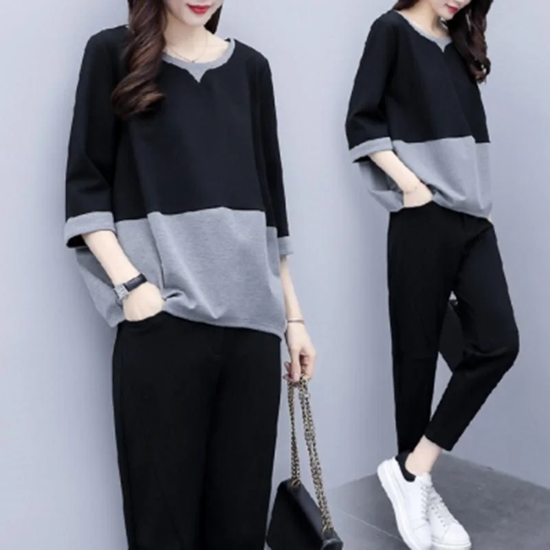 Women Fashion Loose Plus Size Color Blocking Top And Pants Two-Piece Casual Set Classic Flared Pants