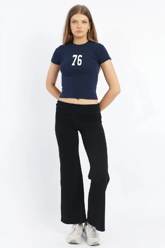 Black Wide Leg Pants Folded Waist Jersey Comfortable Denim Trousers