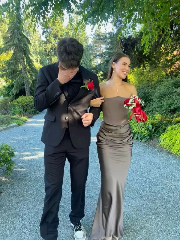 Elegant Strapless Mermaid Satin Long Formal Party Dress DP3829 Pencil Length Work