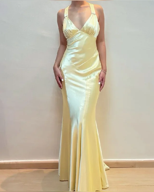Light Yellow V Neck Mermaid Satin Long Party Dress Wedding Guest Dress, DP3697 Tunics Velvet soft