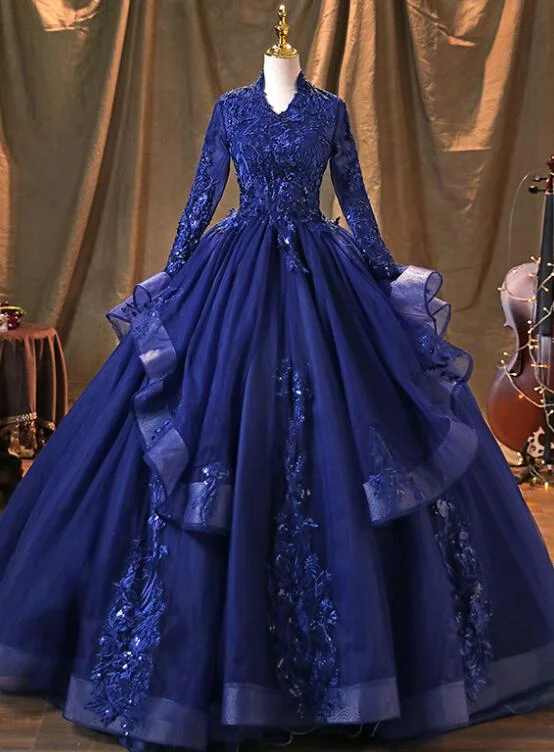 Navy Blue Long Sleeves Party Dress Prom Dress, Tulle with Lace Formal Dresses Pencil Length Work