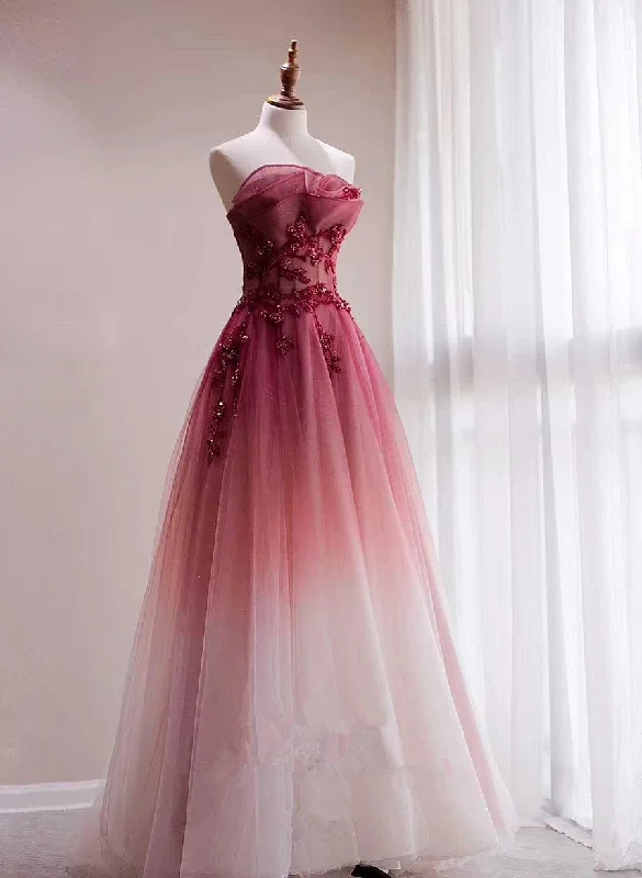 Red Beaded Gradient Tulle Long Party Dress, A-line Elegant Lace-up Prom Dress Tunics Modern contemporary