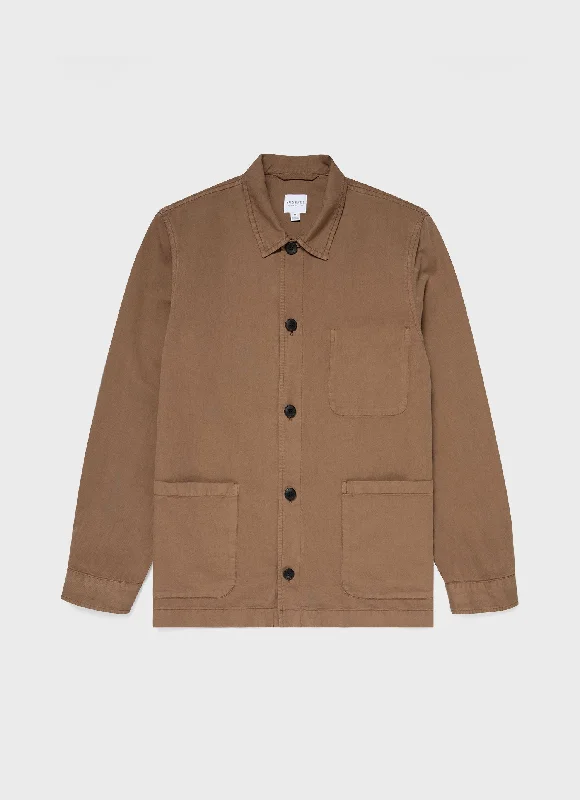 Men's Cotton Linen Twin Pocket Jacket in Dark Tan Hooded Jacket Caped Jacket Shawl Collar Jacket