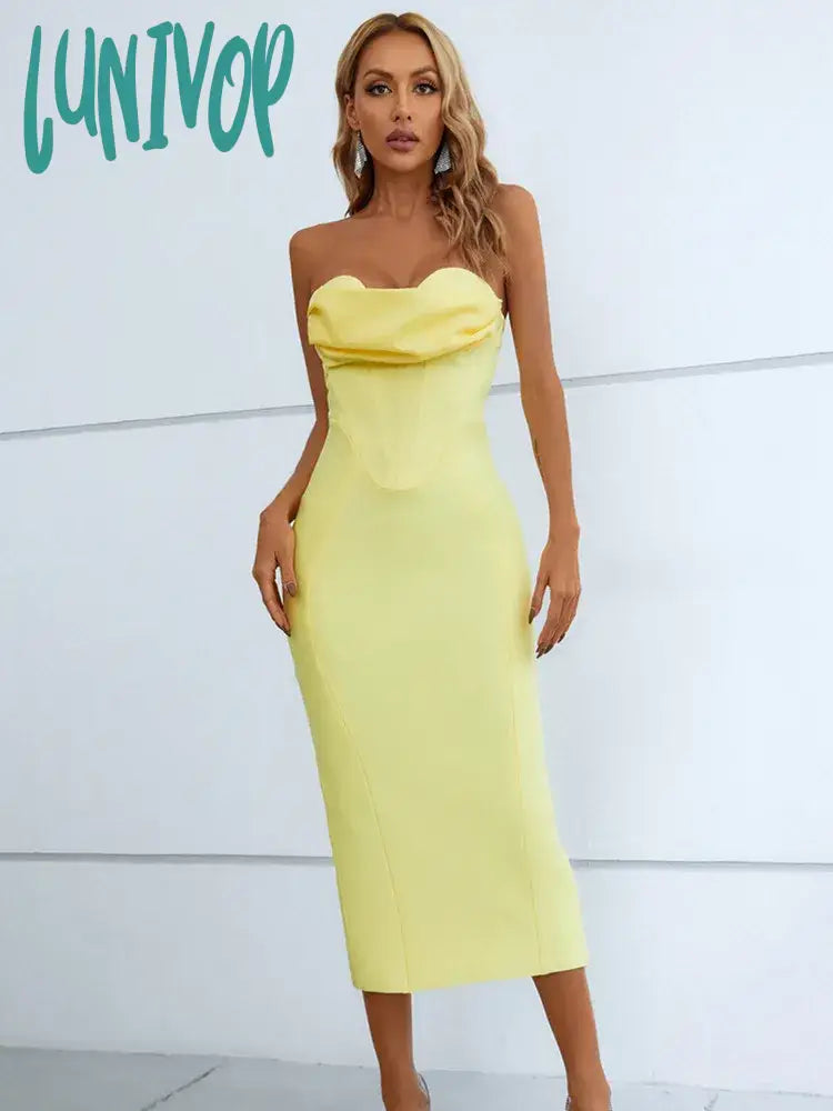 Lunivop Summer Fashion Women Sexy Strapless Backless Ruffles Yellow Midi Bandage Dress Elegant Evening Club Party Dress Tunics Prom sequined