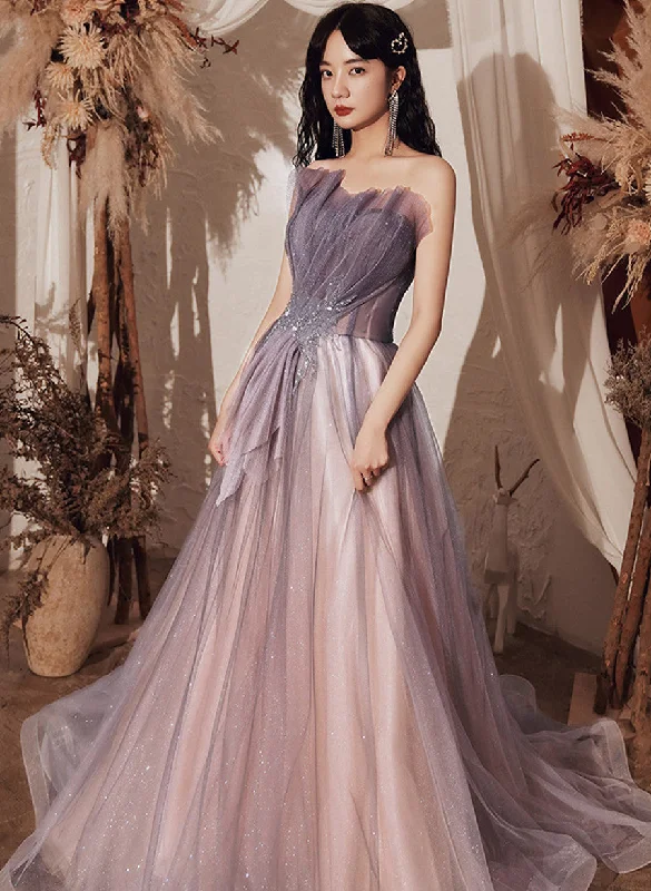 Light Purple Tulle with Beaded A-line Party Dress, Purple Tulle Long Formal Dress Tunics Essential wardrobe
