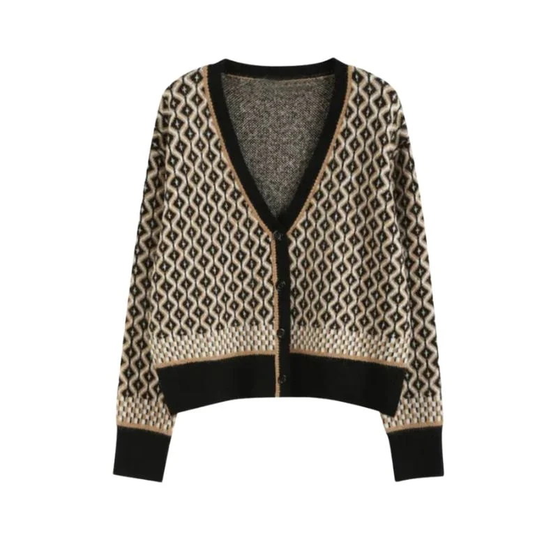 FSD Women's Elegant Fashion Bold Argyle Geometric Knitted Cardigan Sweater Jacket Fleece Cardigan Nylon Polyester