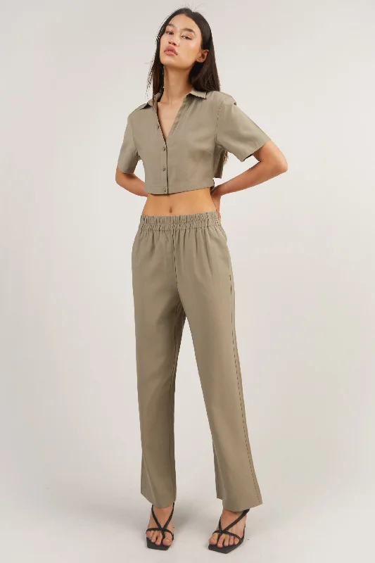 ELASTIC WAIST STRAIGHT LEG PANT Elegant Silk Pants