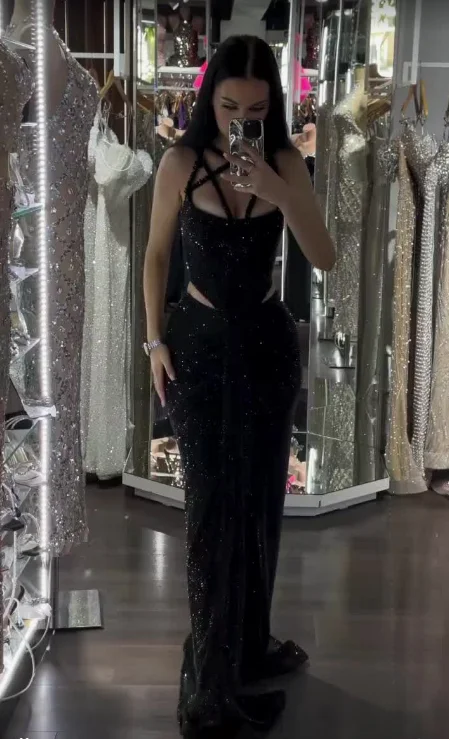 Shiny Black Straps Mermaid Long Party Dress Birthday Outfits, DP4137 Tunics Evening elegant
