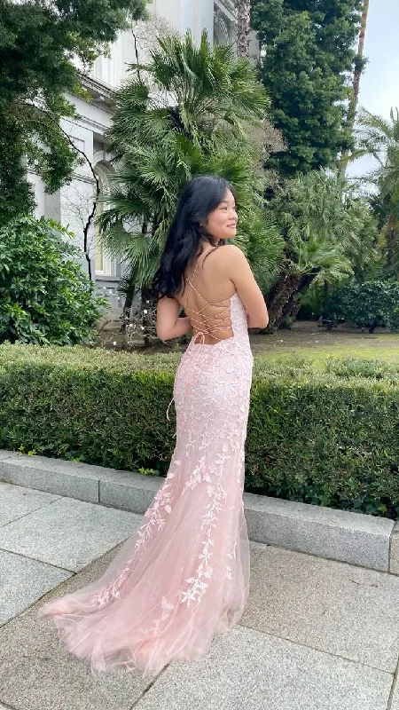 Pink Straps Tulle Appliques Mermaid Long Formal Party Dress, DP3809 A-Line Day Work