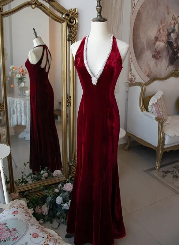 Wine Red Halter Beading Velvet Mermaid Long Party Dress, DP2660 Boat Neckline Classic