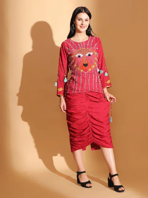 Gond Artwork Top & Skirt - Red velvet skirt rich