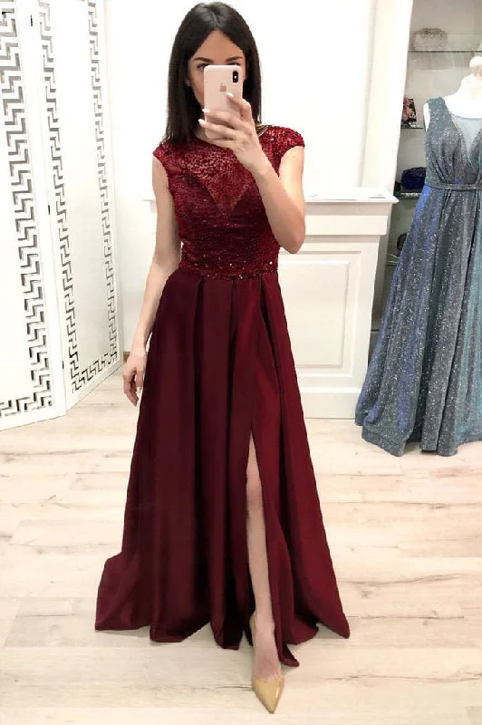 A Line Burgundy Cap Sleeve Prom Dresses Long Beading Slit Evening Party Dresses WK897 Tunics Fashionable trendy
