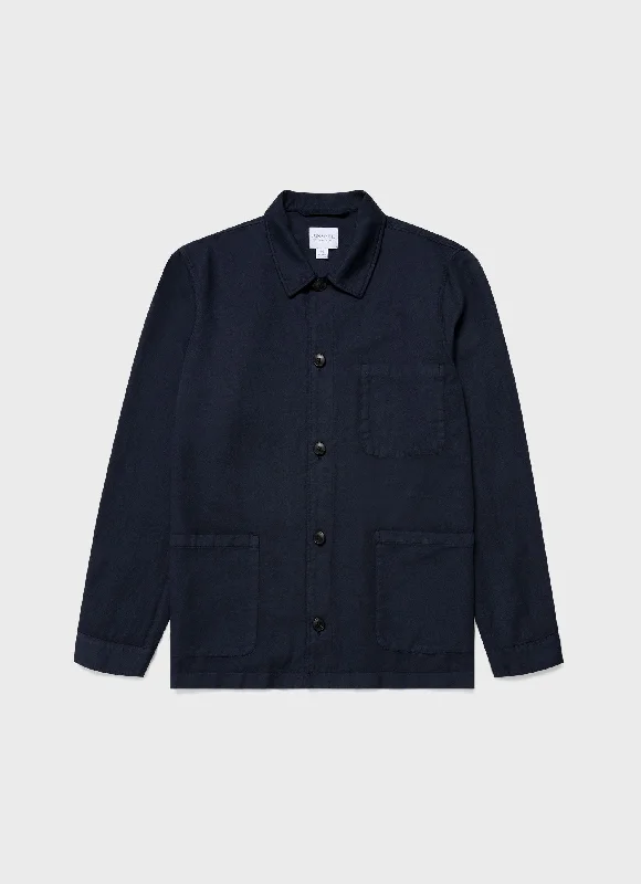 Men's Cotton Linen Twin Pocket Jacket in Navy Trench Coat Raincoat Waterproof Jacket
