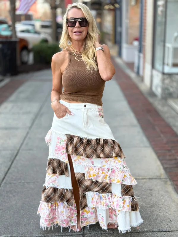 Tiered Patchwork Maxi Skirt leather skirt sleek