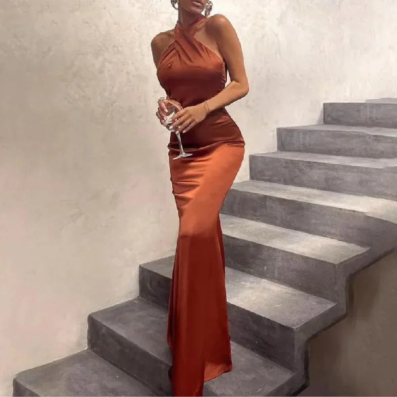 Brown Orange Cross Neck Mermaid Sexy Evening Party Dress, DP2239 Tunics Party sparkling