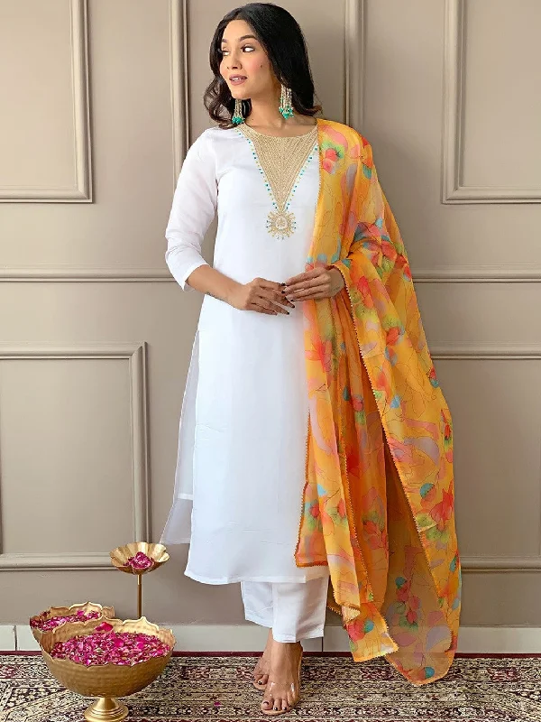 Women's Round Neck Embroidery Rayon Blend Fabric Kurta & Pant With Dupatta Set - Taantav Comfortable Jogger Trousers