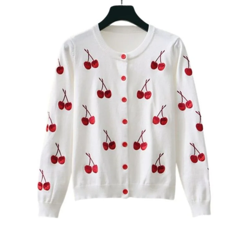 HBT Women's Elegant Fashion Red Cherry Knitted Cardigan Sweater Jacket Spandex Rayon Corduroy