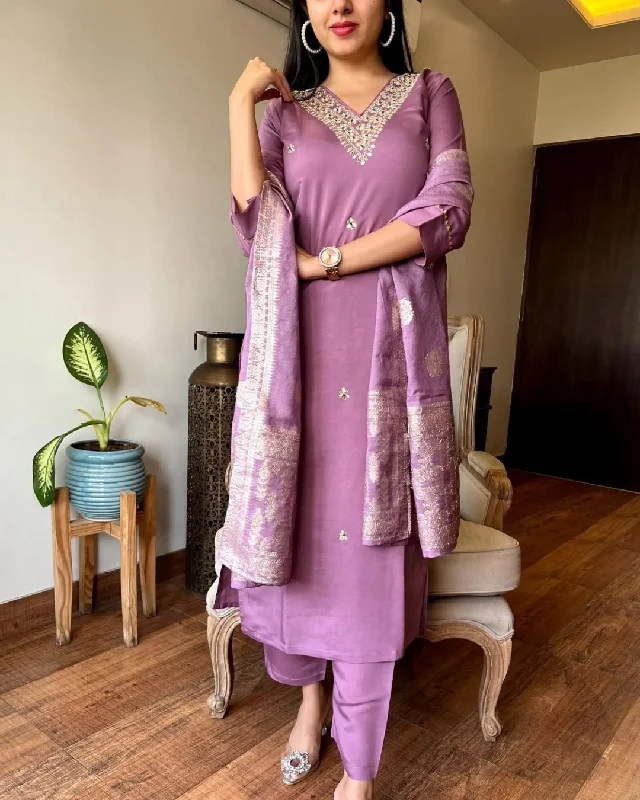Women's Lavendar Embroidery Kurta With Pant And Duppata Set - Dwija Fashion Cozy Knit Pants