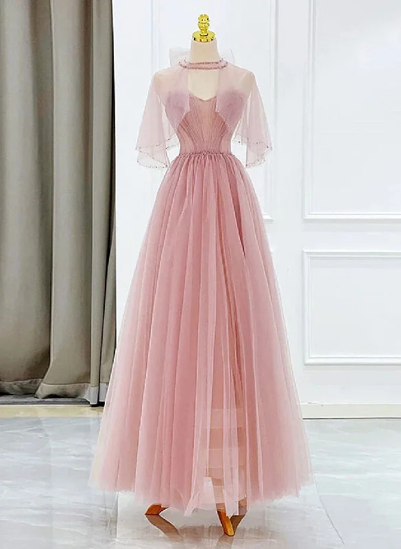 Lovely Pink Tulle Beaded Long Prom Dress with Cape, Pink  Long Party Dress Shift Classic Vintage