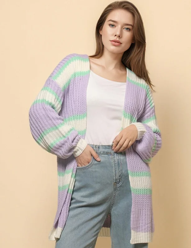 Ladies Macarons Color Stripe Open Front Cardigan SKT4774 Wool Cardigan Cotton Cardigan Cashmere Cardigan