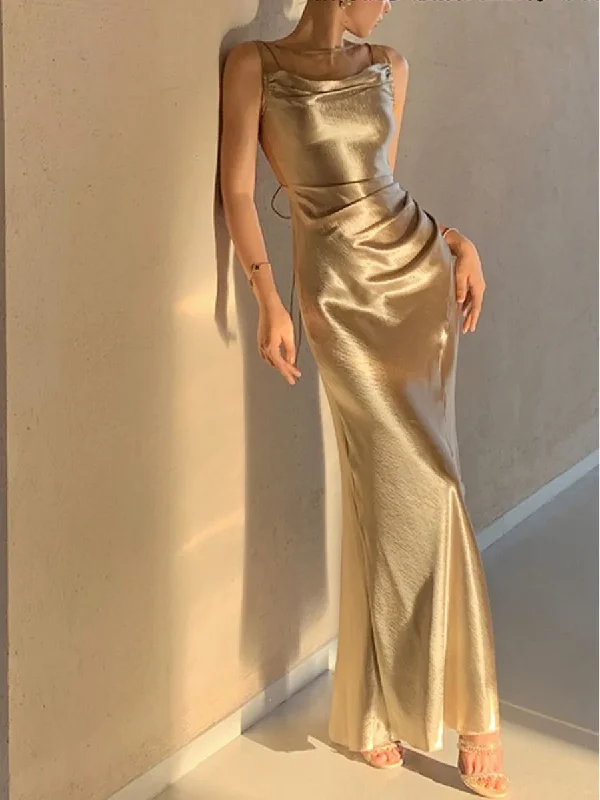 Elegant Gold Satin Backless Mermaid Long Prom Dress Formal Party Dress ,DP1990 A-Line Day Work