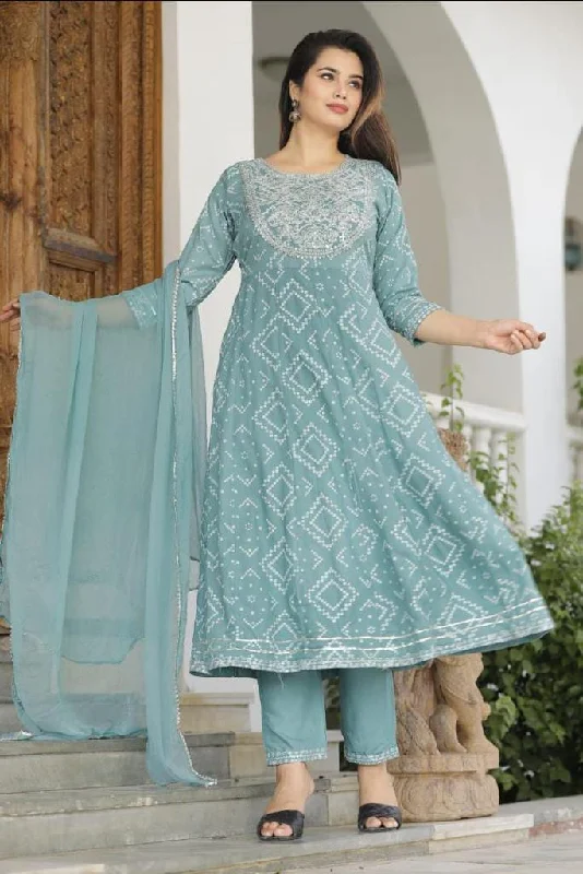 Women's Anarkali Rayon Printed Embroidered Kurta With Pants And Dupatta  - Singni Casual Wide Pants