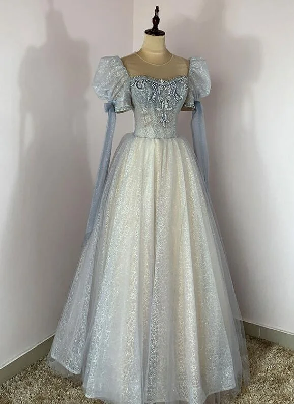 Blue and Champagne Tulle Beaded Shiny Tulle Prom Dresses, A-line Long Party Dresses Tunics Formal black