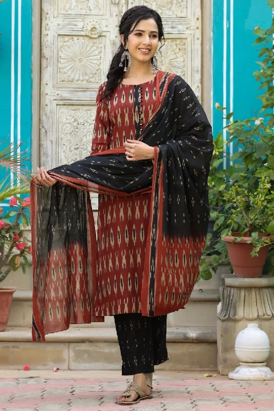 Women's Red Ethnic Motifs Printed Regular Cotton Blend Kurta With Pants With Dupatta - Ahika Classic Flared Pants