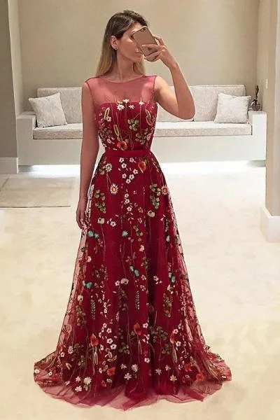 A-Line Bateau Burgundy Floral Lace Long Prom Dresses Straps Party Dresses WK735 Tunics Trendy modern