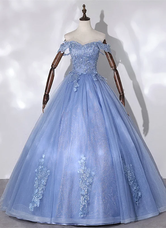 Blue Off Shoulder Tulle Party Dress with Lace, Long Formal Dress Sweet 16 Dress Tunics Floral girly