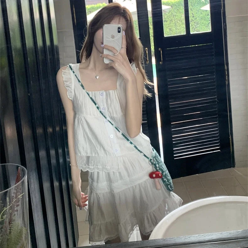 White Top + Skirt Set (Short / Long) zip skirt side