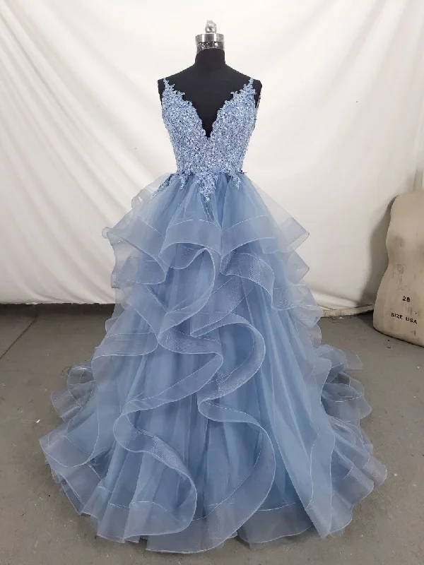 Beautiful Blue Straps Tulle Layers Long Party Dresses, Blue Evening Dresses Tunics Fall fleece