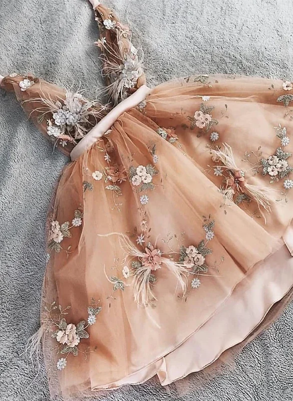 Cute Straps Flowers and Tulle Short Party Dress, V-neckline Tulle Homecoming Dress Tunics Occasion special