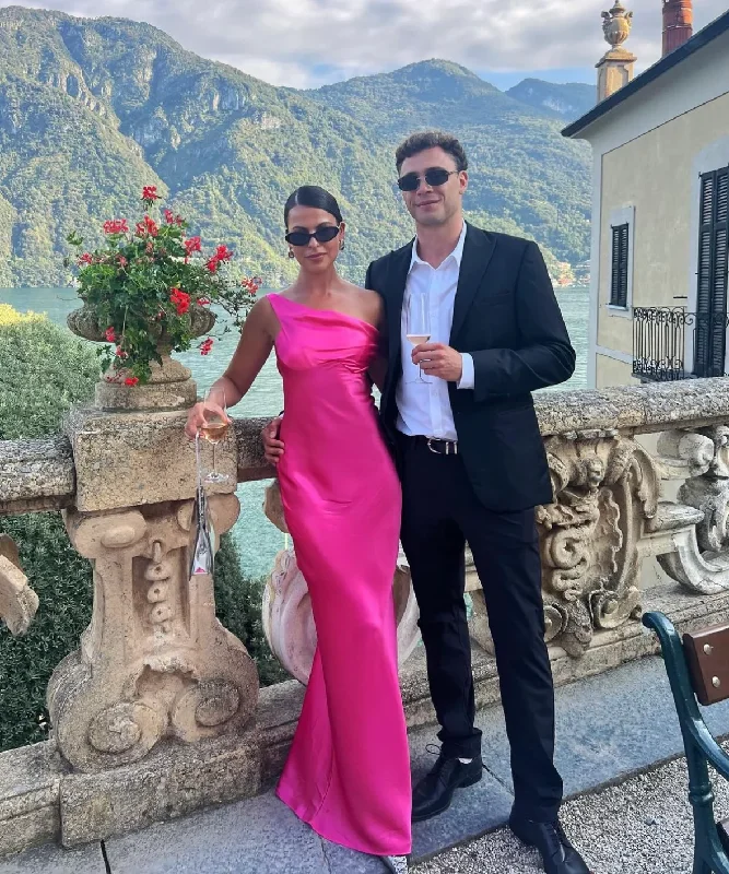 Hot Pink One Shoulder Satin Mermaid Long Party Dress,DP1960 Cowl Neckline Elegant