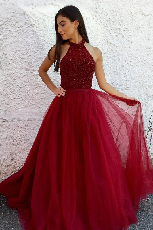 A Line Halter Tulle Burgundy Beads Sleeveless Long Party Dresses Prom Dresses WK75 Tunics Cozy comfortable