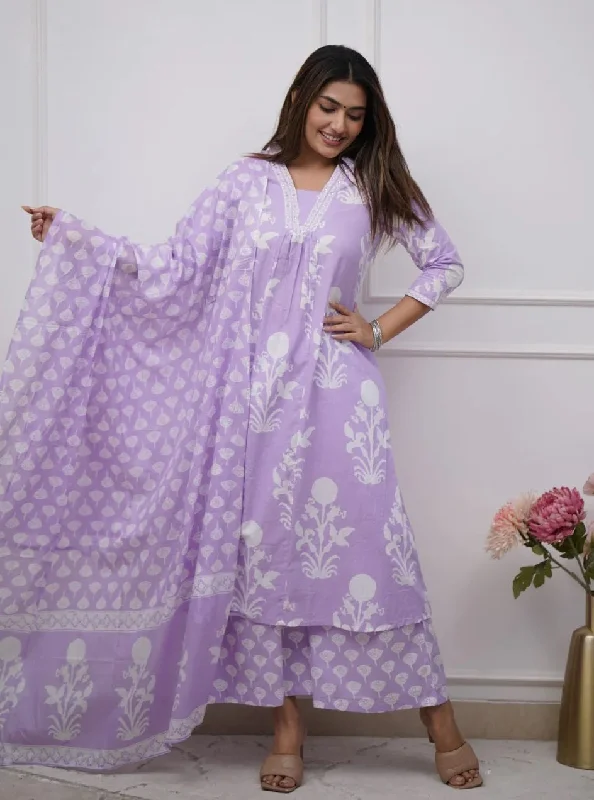Women's Purple Viscose Printed Kurta And Pant Set With Dupatta - Alvami Relaxed Casual Leggings