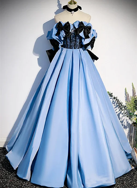Blue Satin A-line Long Prom Dress with Black Bow, Off the Shoulder Blue Long Party Dress Tunics Sophisticated sleek
