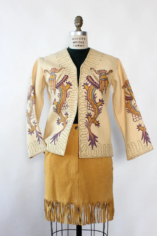 Chain Stitch Dragon 1940s Jacket XS/S Welt Pockets Slit Pockets Flap Pockets