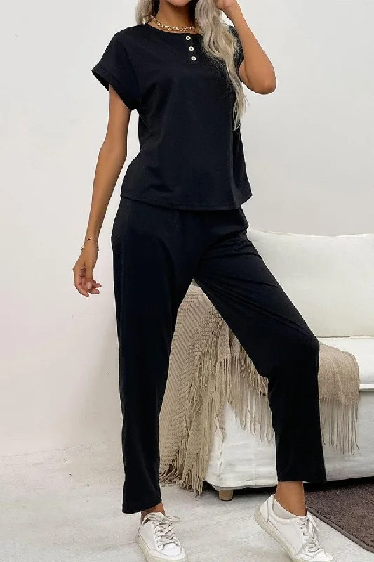 SHORT SLEEVE BUTTONED NECK TOP AND LONG PANTS SET Classic Cropped Pants