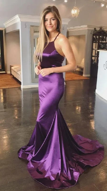 Purple Halter Lace Up Back Satin Mermaid Formal Party Dress,DP1359 Tunics Fall fleece