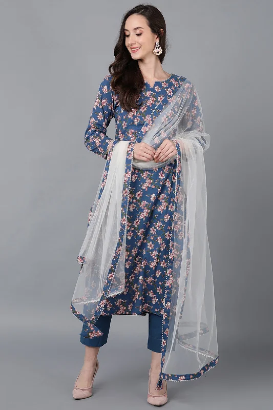Women's Cotton Blend Floral Printed Kurta Pants With Dupatta - Ahika Slim-Fit Khaki Pants