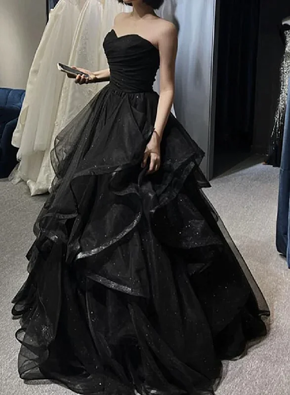 Black Sweetheart Tulle Long Evening Gown, Black Party Dress Prom Dress Tunics Short Trendy