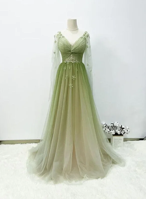 A-line Green Gradient Tulle Long Sleeves Party Dress, V-neckline Green Formal Dress Prom Dress Satin Halter Glamorous