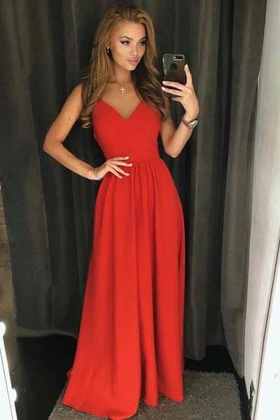Simple A Line Red Spaghetti Straps V Neck Backless Prom Dresses Long Party Dresses WK705 Tunics Seasonal trendy