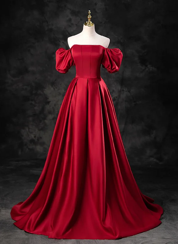 Red Satin Off Shoulder Long Simple A-line Wedding Party Dress, Red Long Evening Dress Tunics Practical durable
