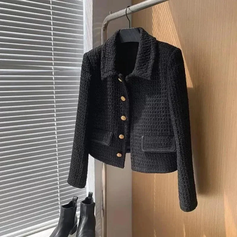 Chic Vintage Cropped Tweed Jacket Women Cotton Fabric Linen Fabric Terry Fabric