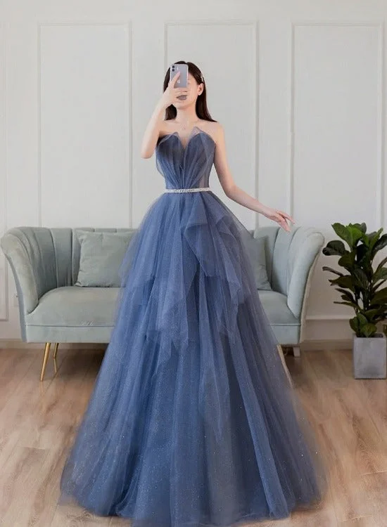 Blue Tulle Long Formal Gown Party Dresses, Blue A-line Beaded Evening Dress Mermaid Tail Wedding