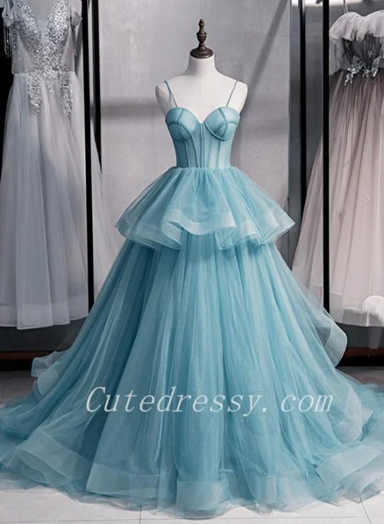 Light Blue Sweetheart Layers Tulle Long Evening Gowns, Blue Wedding Party Dresses Tunics Occasion special