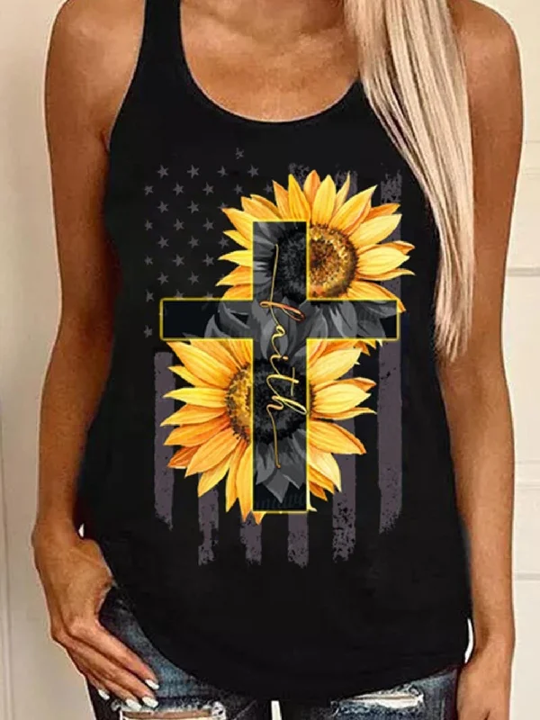 Sunflower Cross Print Round Neck Sleeveless Tank Tops solid color tank